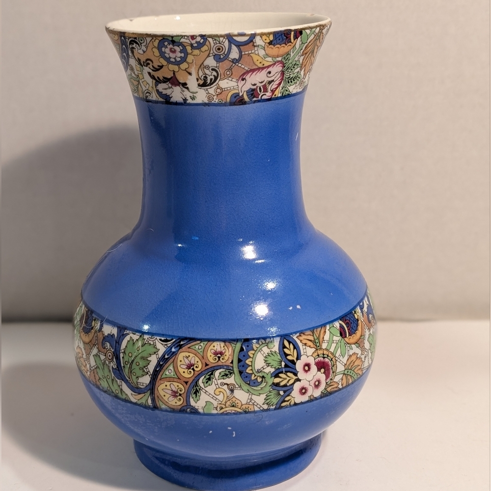 Blue Ceramic Flower Vase Floral Motif Vintage.  Made In England.